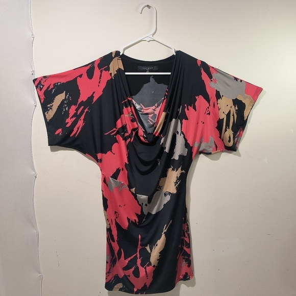 Nine West Women's 10 Pink & Black Abstract Paint Draped Neckline Mini Dress - Picture 1 of 11